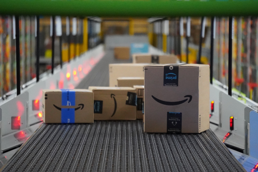 Amazon boxes on conveyor belt